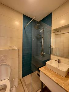 斯特鲁加Villa Radozda的浴室配有卫生间、盥洗盆和淋浴。