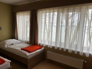 巴拉顿城堡BF酒店 的一间卧室设有一张床和一个树木繁茂的窗户