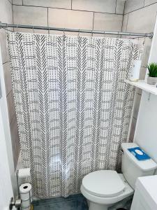 奥德萨Melinas Paradise!的一间带卫生间和淋浴帘的浴室