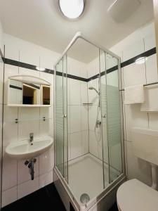 维也纳列支敦士登旅馆的一间带玻璃淋浴和水槽的浴室