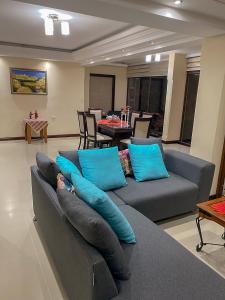 帕纳哈切尔Torres de Atitlan 14 nivel的客厅配有带蓝色枕头的灰色沙发