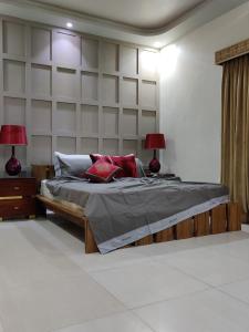 卡拉奇Supreme Villa Block 6 Gulshan-e-iqbal Auto Generator的一间卧室配有一张带两盏灯和一堵墙的床。