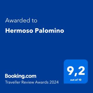 帕洛米诺Hermoso Palomino的一部手机的屏幕,上面的文本被授予了银色的