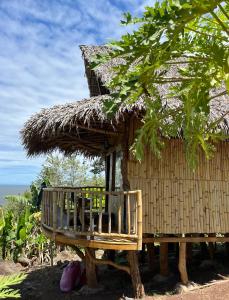 BalgueHostel & Camping Sol Y Luna Ometepe的前面有长凳的小小屋
