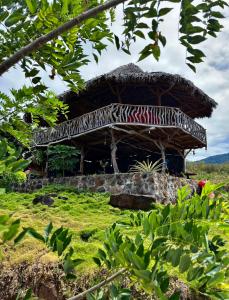 BalgueHostel & Camping Sol Y Luna Ometepe的田野上带草屋顶的大型小屋