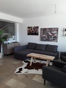 卡斯特利翁-德拉普拉纳Peñiscola - Casa Mirador mit Gemeinschaftspool的客厅配有蓝色的沙发和木桌