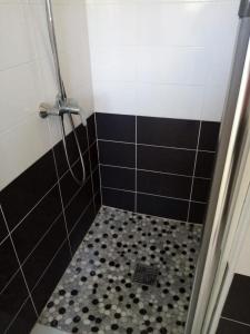 黑角Villa des fleurs的一间黑色和白色的淋浴浴室
