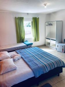瓜拉雷马Hotel Beira Rio Guararema的一间卧室配有两张带绿窗帘和镜子的床