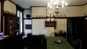 弗兰特罗亚尔Mountain Home Bed & Breakfast的一间带绿桌和吊灯的用餐室