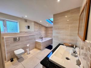 贝尔法斯特Ashfield Bed & Breakfast的浴室配有盥洗盆、卫生间和浴缸。