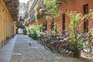 米兰[Navigli - Centro] Vintage Apt - Movida&Free WiFi的停在建筑物旁边的街道上的一排自行车