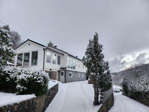 卑尔根Fjordclaw SNM- adjoining the Bergen city & Nature的雪覆盖着一棵树的房子