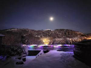 卑尔根Fjordclaw SNM- adjoining the Bergen city & Nature的夜晚在雪覆盖的山上满月
