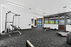 瓦纳卡Lakeside Luxury Studio Apartment的一间设有跑步机和健身器材的健身房