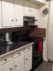 巴吞鲁日The Comfort Zone的厨房配有白色橱柜和黑炉。
