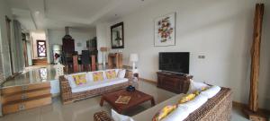 格兰贝伊Grand Baie Villa des amis sur la plage.的客厅配有两张沙发和一台电视