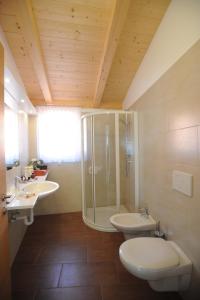 普拉托·阿罗·斯泰尔维奥Suvendes Apartments的一间带两个盥洗盆、淋浴和卫生间的浴室