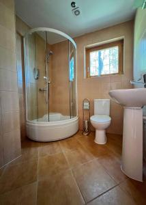 莫雷泰Villa Green Alchemy的带淋浴、卫生间和盥洗盆的浴室