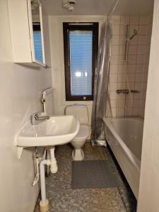 哥德堡Lugn och skön lägenhet centralt.的浴室配有盥洗盆、卫生间和浴缸。