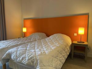 佩罗斯-吉雷克Appartement Perros-Guirec, 2 pièces, 4 personnes - FR-1-368-403的一间卧室配有一张床和两张带台灯的桌子。