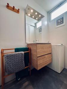 翁弗勒尔Boudin Cottage Honfleur的一间带水槽和镜子的浴室