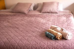 布加勒斯特sharing retro vintage luxury apartment的粉红色的床,上面有一只动物塞满了东西