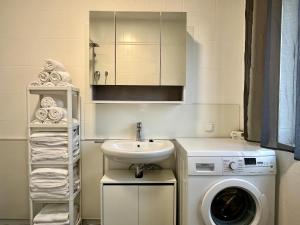 格拉茨sHome CityHouse Graz - Self-Check-in的一间带洗衣机和水槽的浴室