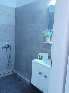 PigádhiaV&E's Apartments的浴室配有白色水槽和淋浴。