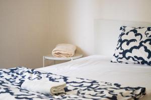 布尔诺Apartmán VLNA的一张带蓝色和白色毯子的床和一个枕头
