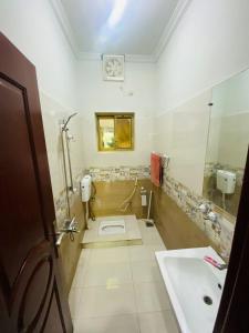 伊斯兰堡Kashee's Lodges的一间带水槽、淋浴和卫生间的浴室