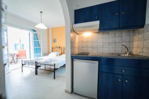 纳克索乔拉斯彻特斯一室公寓酒店的一间设有蓝色橱柜的厨房和一间客厅
