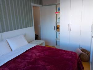 加里波第Apto aconchegante ao lado da Vinícola Garibaldi的一间卧室配有一张带紫色毯子的床