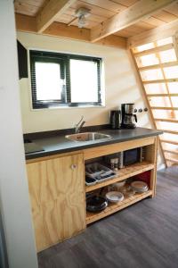 贝克贝亨Tiny house op de Veluwe的厨房配有水槽和台面