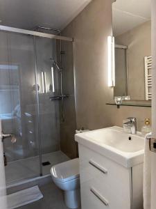 巴塞罗那佩蒂特罗瑟洛公寓的带淋浴、卫生间和盥洗盆的浴室