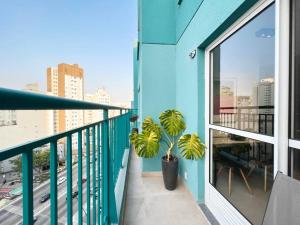 圣保罗Cobertura moderna Bela Vista Centro的蓝色建筑中一个种植了两株盆栽植物的阳台