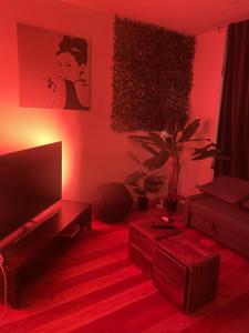 布鲁塞尔Appartement spacieux pour un séjour inoubliable的一间带电视和红色照明的客厅
