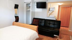 贾斯珀卡鲁索酒店的一间卧室配有一张床和一张皮沙发
