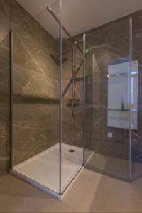 罗森达尔New Luxurious Apartment With 2 Bedrooms & Garden的浴室里设有玻璃门淋浴