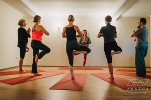 佩什泰拉Akasha Retreat - Nature, Yoga & Wellness, Healthy Food & Drinks的一群人在房间里做瑜伽
