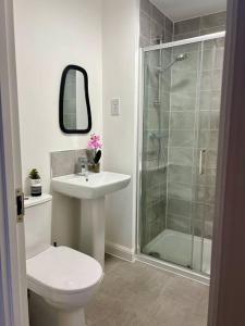 伯明翰Lotus Haus - Wyndale Living -W/off road Parking的浴室配有卫生间、盥洗盆和淋浴。
