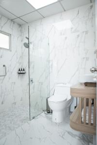 莱卡邦The Golden House @ Suvarnabhumi的白色的浴室设有卫生间和淋浴。
