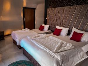瓦迪拉姆Bacific camp的两张位于酒店客房的床铺,配有红色枕头