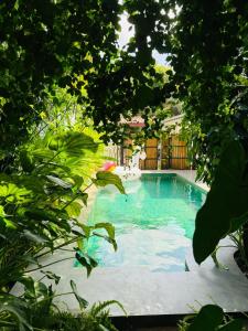卡图纳耶克Double Mango Villa的一座树木繁茂的庭院内的游泳池