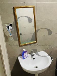 塞贝维Creative Corner的浴室水槽配有镜子和1瓶肥皂