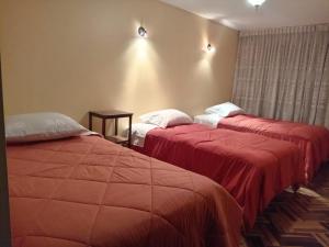 普诺HOSTAL SUIT ANDINA的两张位于酒店客房的床铺,配有红色床单