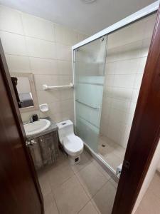 萨利纳斯Casa con piscina Punta Carnero的带淋浴、卫生间和盥洗盆的浴室