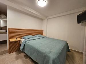 普库萨纳Hermoso dúplex con gran vista!的一间卧室配有一张带木制床头板的床