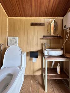 大叻Nhà Bên Suối - Homestay & Camping的一间带卫生间和水槽的浴室