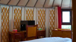 锡卡都APEX Le Yurt Skardu的一间卧室配有一张床、一张书桌和一台电视。