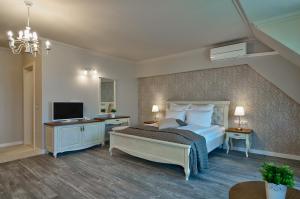 克兰内沃Sunny Castle Hotel - All Inclusive and Free parking的一间卧室配有一张床和一台电视